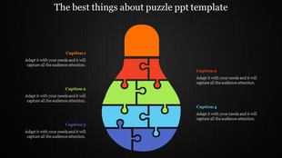 Light bulb divided into colored puzzle pieces in orange, red, green, blue, and purple, with captions on a black background.