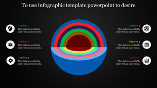 Infographic with a multicolored circular core, surrounded by six captions featuring icons for ideas, goals, and planning.