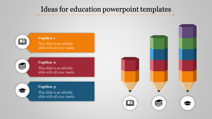 Three colorful stacked pencils and captions with icons in orange, red, and blue, on a light gray background.