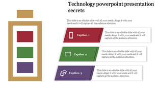 Technology themed PowerPoint slide with a battery symbol and icons for mobile, tablet, and cloud with placeholder text.