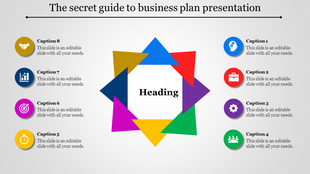 Business infographic with a circular arrow pattern and eight captions featuring diverse icons, highlighting key components.