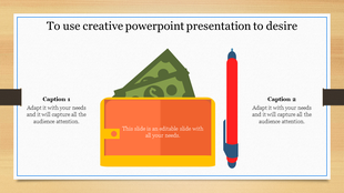 Illustration of a yellow wallet with green dollar bills and a red pen on a wooden textured background with two captions.