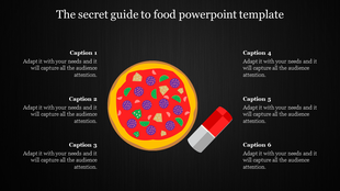 Infographic with a pizza and a red pencil eraser, by six caption placeholders text areas for customization.
