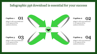 Infographic PowerPoint template with four caption options around a central handshake icon and green arrows.