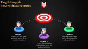Black background with a red target and arrow at the center, connected to three colorful avatars in blue, purple, and green.