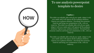 Hand holding a magnifying glass with text, next to a green caption area for analysis content.