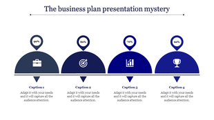 Business presentation layout with four blue semicircle segments displaying percentage stats and captions below.