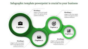 Four green interconnected circular shapes showcasing captions with respective business related icons.