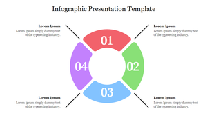 Infographic presentation template with four colorful circular segments, each labeled 01, 02, 03, and 04, and dummy text.