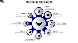 Circular infographic with a central handshake symbol surrounded by eight blue circles containing icons and captions.