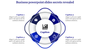 Business PowerPoint slide with a lifebuoy design and blue icons with captions.