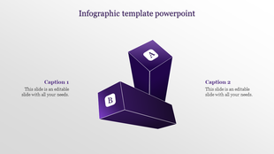 Infographic with purple isometric blocks labeled A and B, positioned diagonally, and captions on each side.