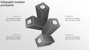 Monochrome infographic featuring four 3D blocks, labeled A to D, with captions surrounding the blocks.