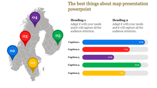 Slide featuring a gray map with colorful numbered location pins, percentage progress bars, and text headings.