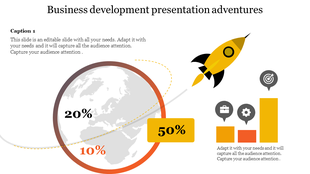 Slide with a globe illustration, featuring a yellow rocket, three percentage labels, and bar chart icons on the right.
