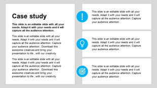Case study template with large text block on the left and three smaller sections with icons in blue circles on the right.