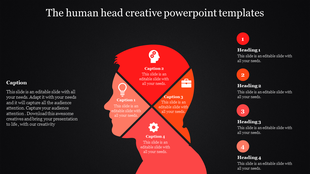 Creative slide featuring a red human head silhouette divided into four quadrants with icons and captions on a black backdrop.