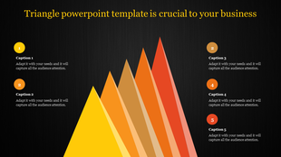 Five ascending colorful triangles with captions and placeholder text on a dark backdrop.