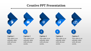 Creative slide with five blue arrow shaped icons representing different concepts, each with a numbered caption below.