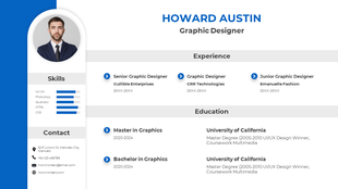 Resume design with a profile picture, blue sidebar for skills and contacts, and structured experience and education sections.