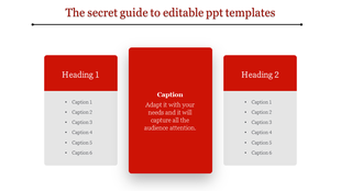 PowerPoint slide with two red sections for headings and a central caption box.