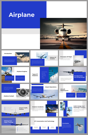 Aviation themed PowerPoint slides with sections on airplane engines, cockpit, operations, and aircraft maintenance.