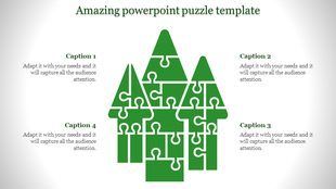 Puzzle pieces forming a green arrow structure in a PowerPoint puzzle template with captions.