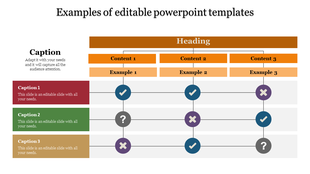 Chart with orange headers and rows containing captions and status indicators, such as checkmarks and crosses.
