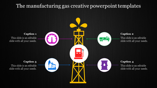 A creative slide showing a gas plant with icons for production, transportation, and storage with captions on a dark backdrop.