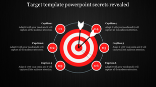 Target PowerPoint slide with a bullseye graphic and captions for six sections on a dark backdrop.