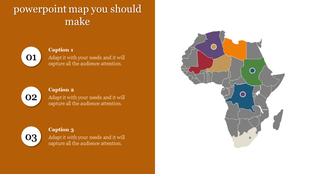 Africa map PowerPoint slide with colored regions and numbered sections for captions.