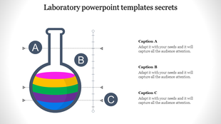 Laboratory themed slide with a flask illustration featuring colorful liquid layers and labeled sections A, B, and C.