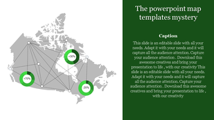 Canada map with interconnected dotted lines and three green pie charts indicating data percentages.