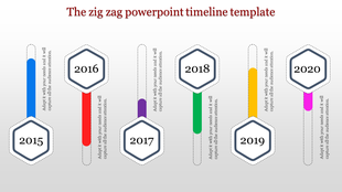 PowerPoint timeline template with a zig zag design featuring years from 2015 to 2020, each in a hexagonal shape.