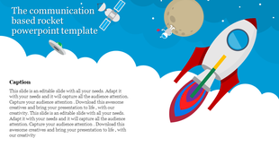 Illustration of a rocket launching into space with satellites and the moon, set against a blue sky and cloud background.