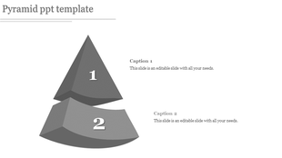 Gray two level pyramid PowerPoint template with sections labeled 1 and 2, each paired with captions.