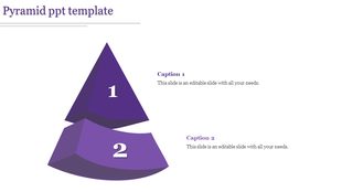 Purple two level pyramid PowerPoint template with sections labeled 1 and 2, each paired with captions.