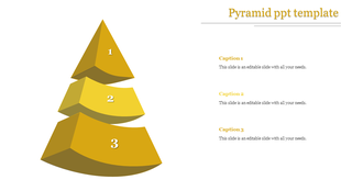 Three level golden pyramid PowerPoint template with sections labeled 1, 2, and 3, each paired with captions.