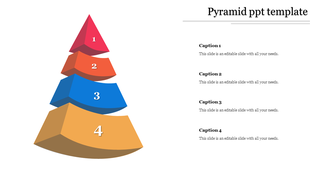 Four level colorful 3D pyramid PowerPoint template with numbered sections and captions on the side.