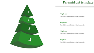 Four tier green pyramid design with numbers on each layer and aligned captions on the right in a clean layout.