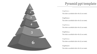 Gray 3D pyramid template with six levels numbered from 1 to 6, each paired with captions.