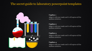 Creative laboratory themed PPT slide design with colorful test tubes and laboratory equipment on a dark backdrop.