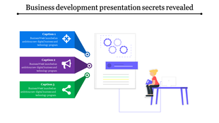 Business development presentation slide with three captions and icons featuring a figure.