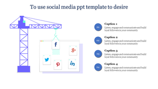 Social media PPT slide with icons for Facebook, Twitter, Pinterest, Google+, and LinkedIn, symbolizing building a community.