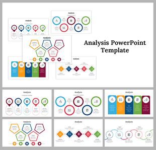 Slide deck featuring multiple analysis templates with colorful layouts, charts, and icons for data representation.