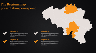 Outline map of Belgium with three orange-highlighted regions, surrounded by four caption areas with checkmark icons.