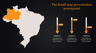 Brazil map PPT slide with the highlighted region in orange, showing progress bars with percentages on a dark background.
