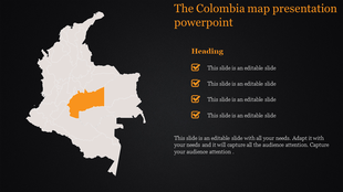 Colombia map PowerPoint slide highlighting a region in orange with checkboxes for slide content on a dark backdrop.
