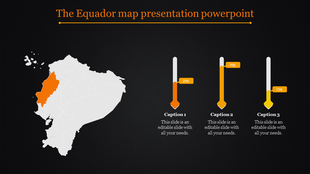 Ecuador map presentation slide showing the highlighted region and progress bars on a dark backdrop with captions.