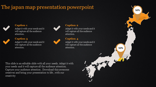 PowerPoint slide showcasing Japan's map with captions and region specific highlights on a dark backdrop.